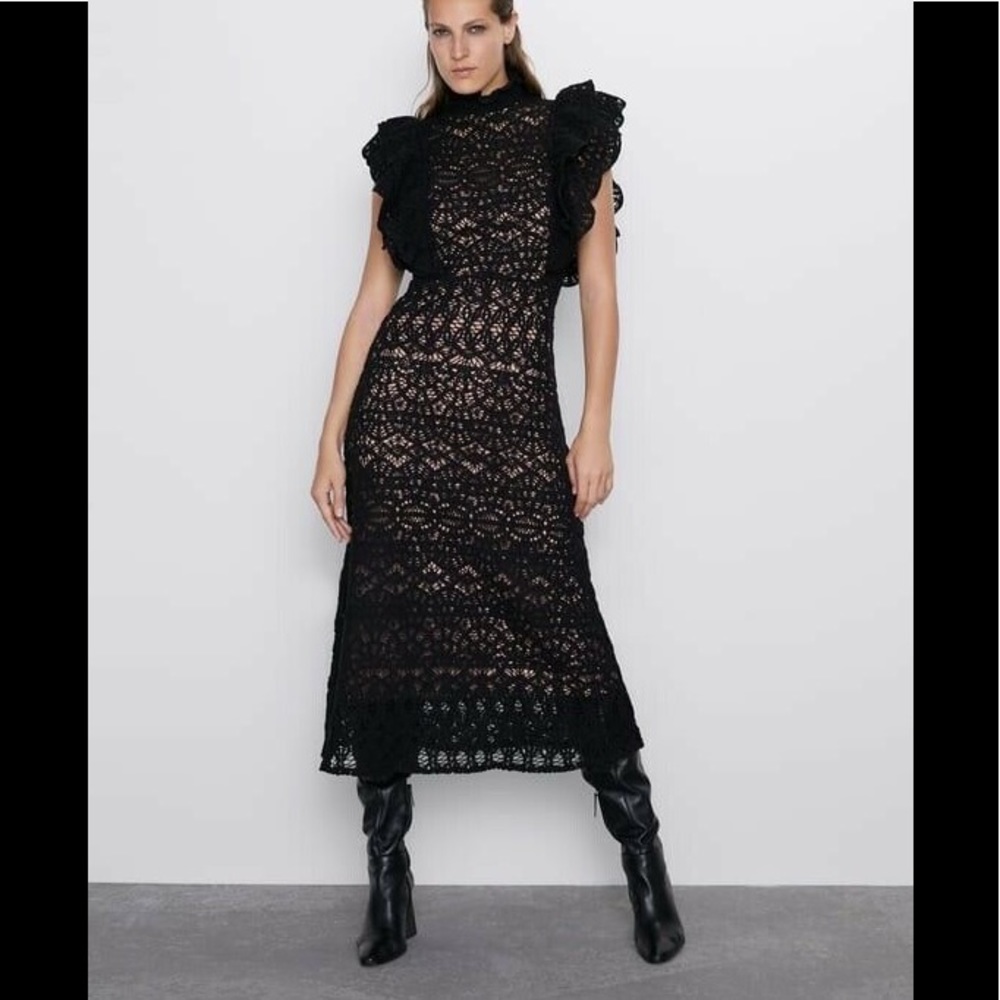 ZARA Black Ruffle Sleeve Crochet MIDI Dress sz Medium